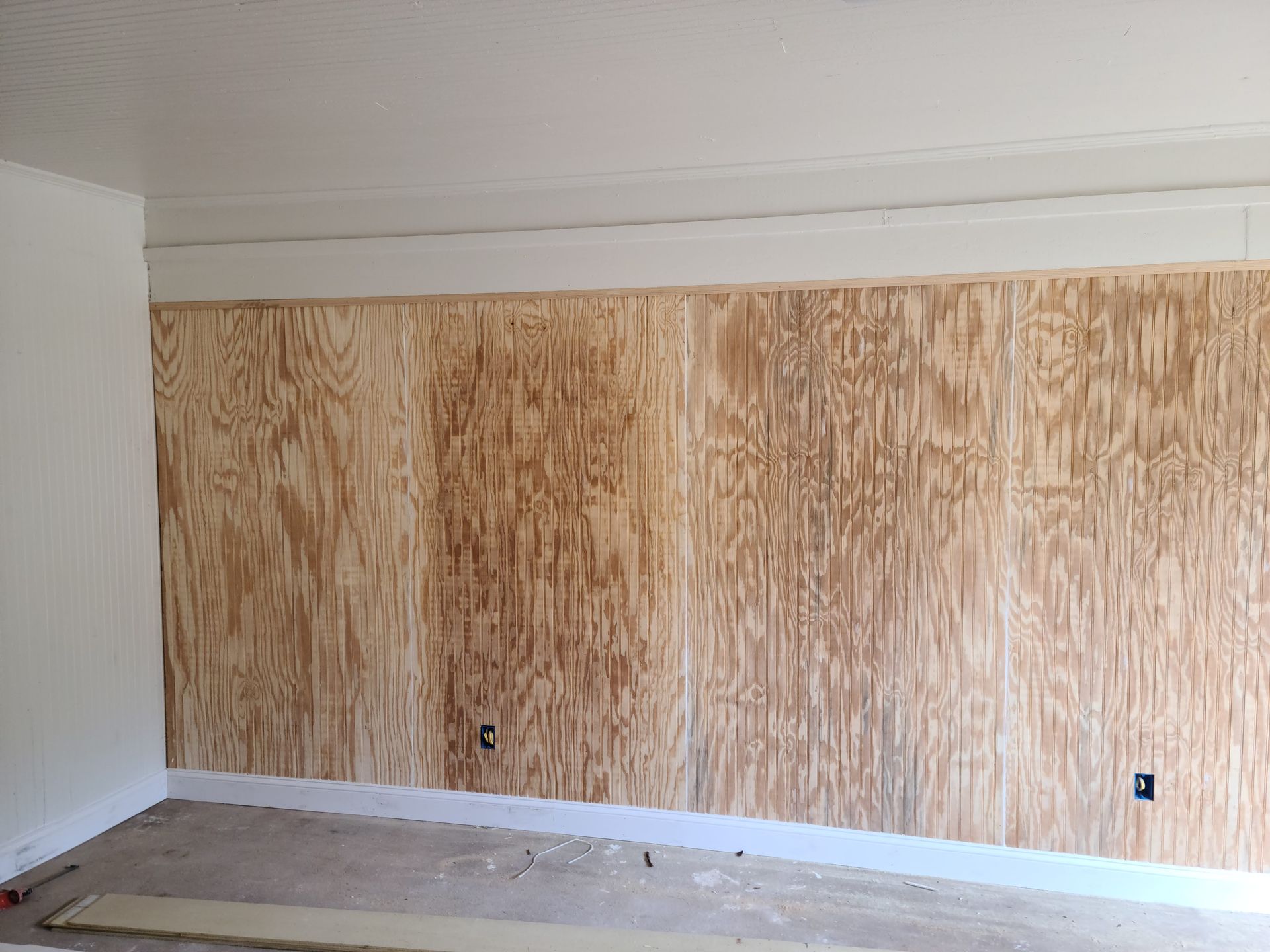 Room with unfinished plywood wall panels, white ceiling and trim. Gray concrete floor.