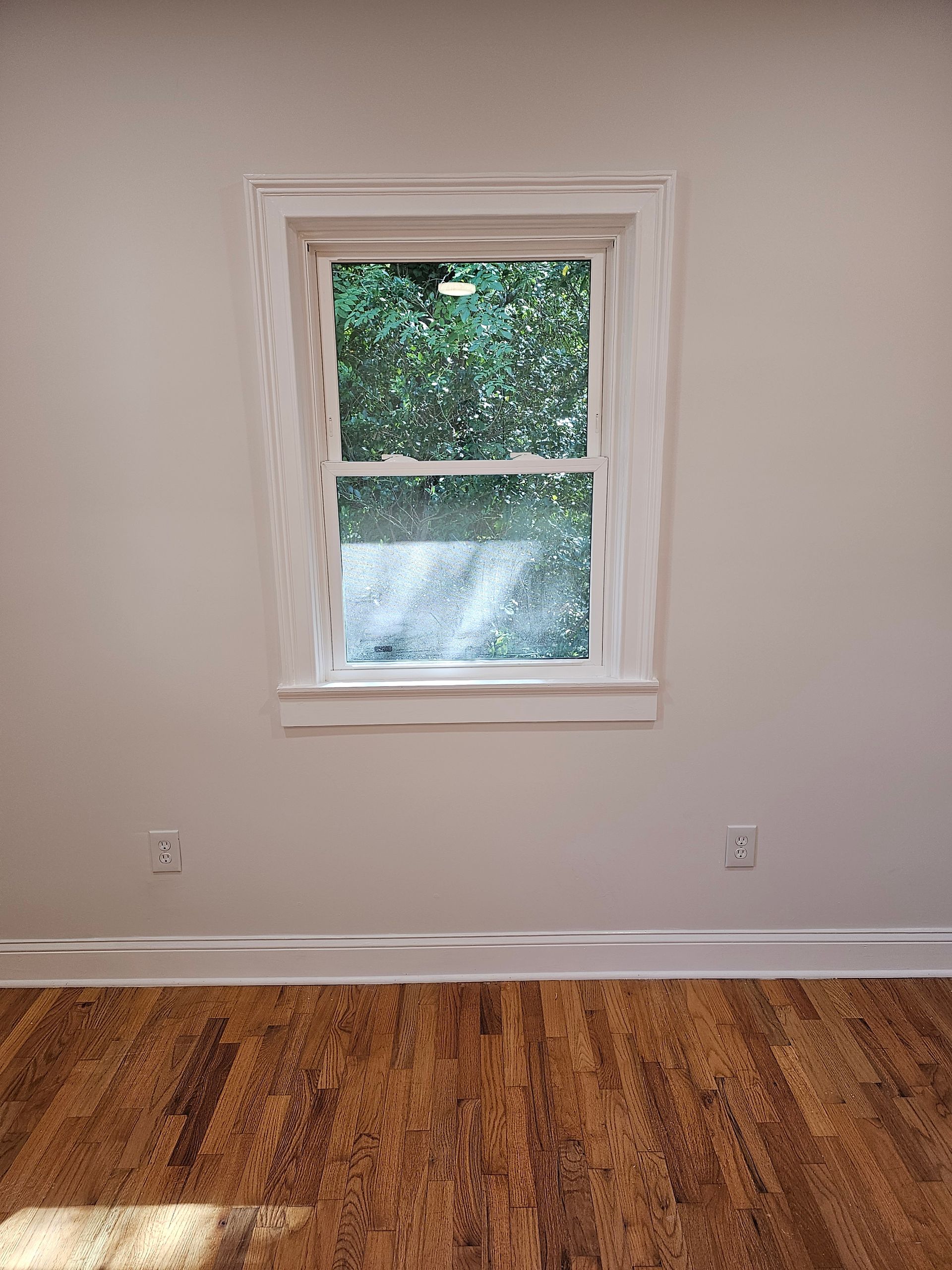 Interior room with a white-framed window. Cork flooring, off-white walls. Electrical outlets near the floor. View of greenery outside.