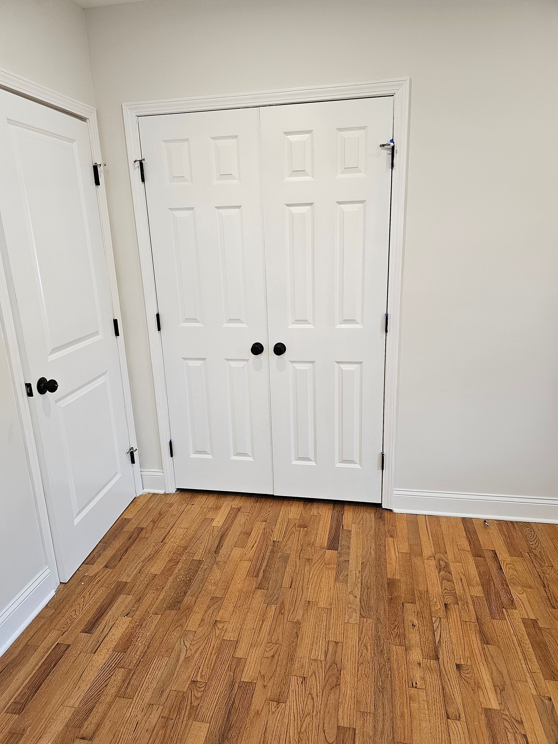 White closet doors and wood-look flooring. A second door is visible on the left.