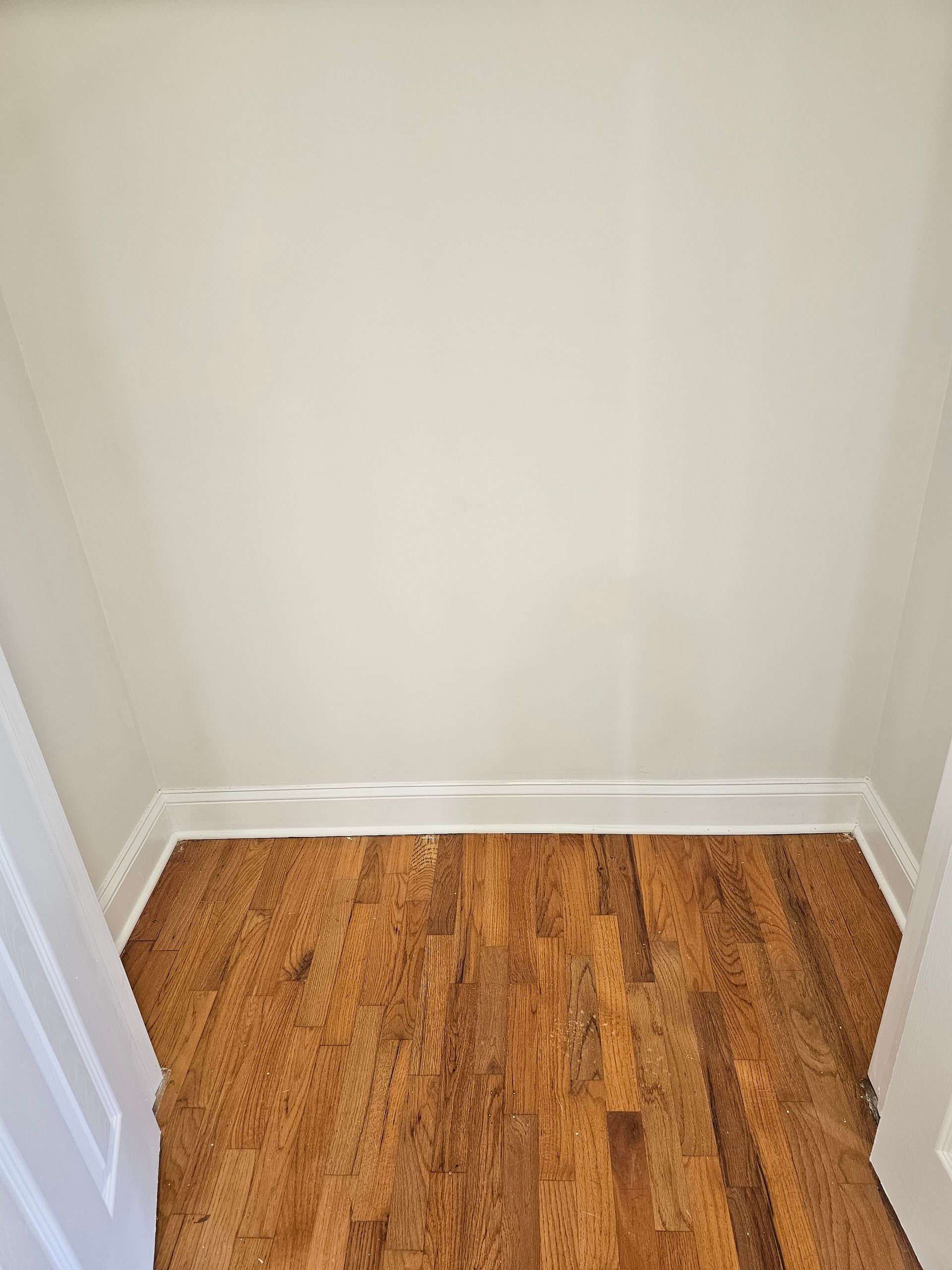 Empty closet with wood floor, white walls, and trim.