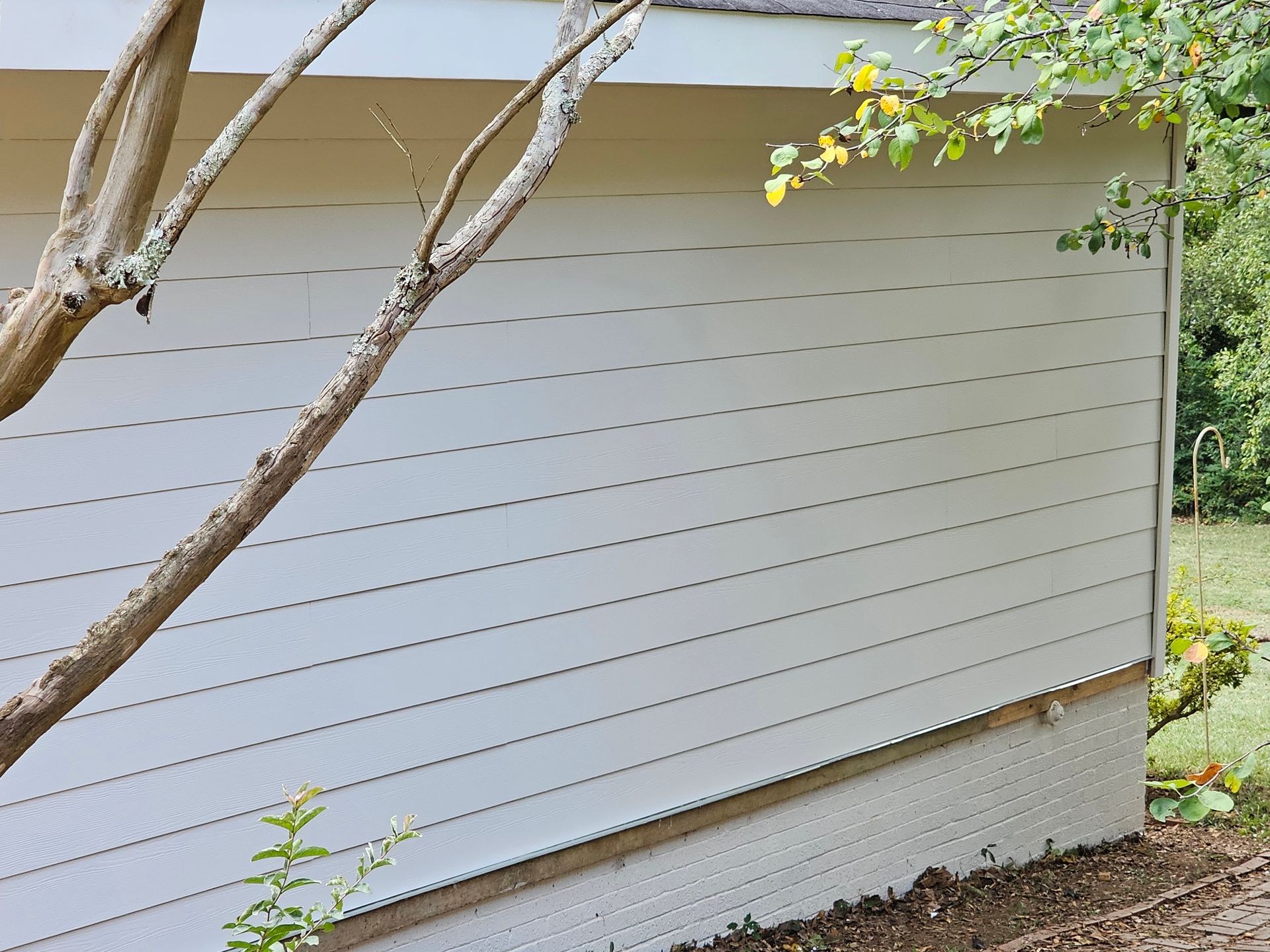 White siding on a building with a tree branch in the foreground and green foliage in the background.