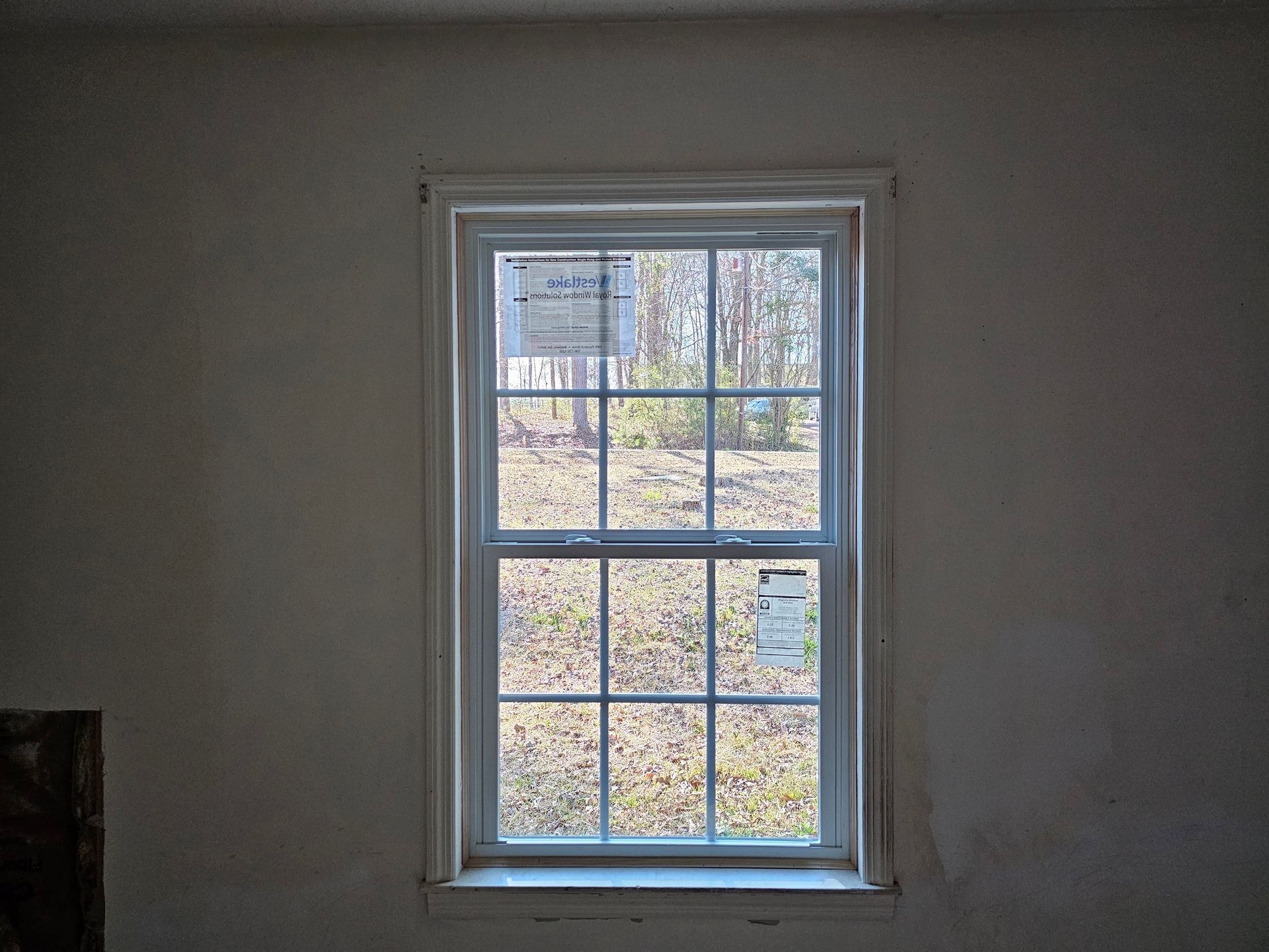 White framed window on a white wall, showing a view of trees and grass outside.
