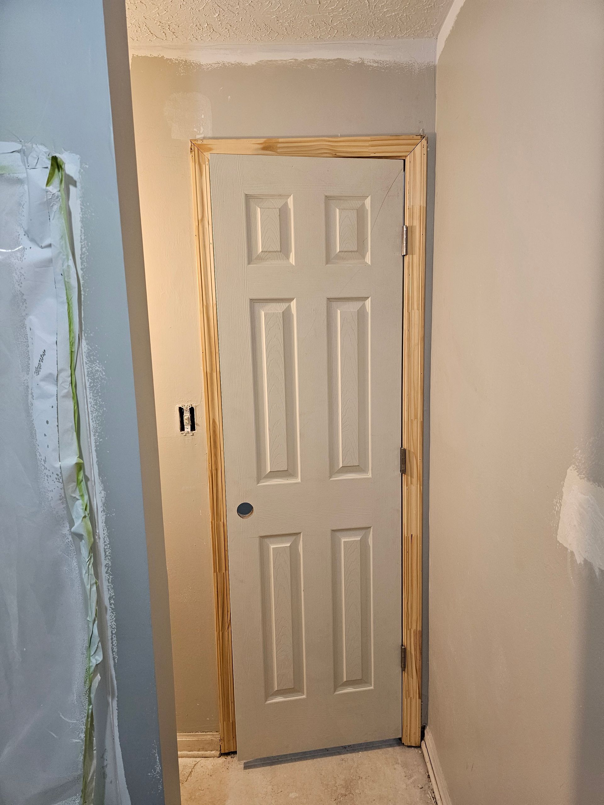Interior view of a door frame with a closed, six-panel door; light gray walls; unfinished wood trim.