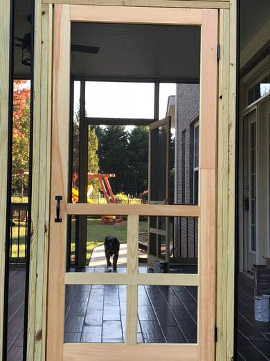 Screen door with screen, light wood frame, open to a backyard. A black dog walks through the door.