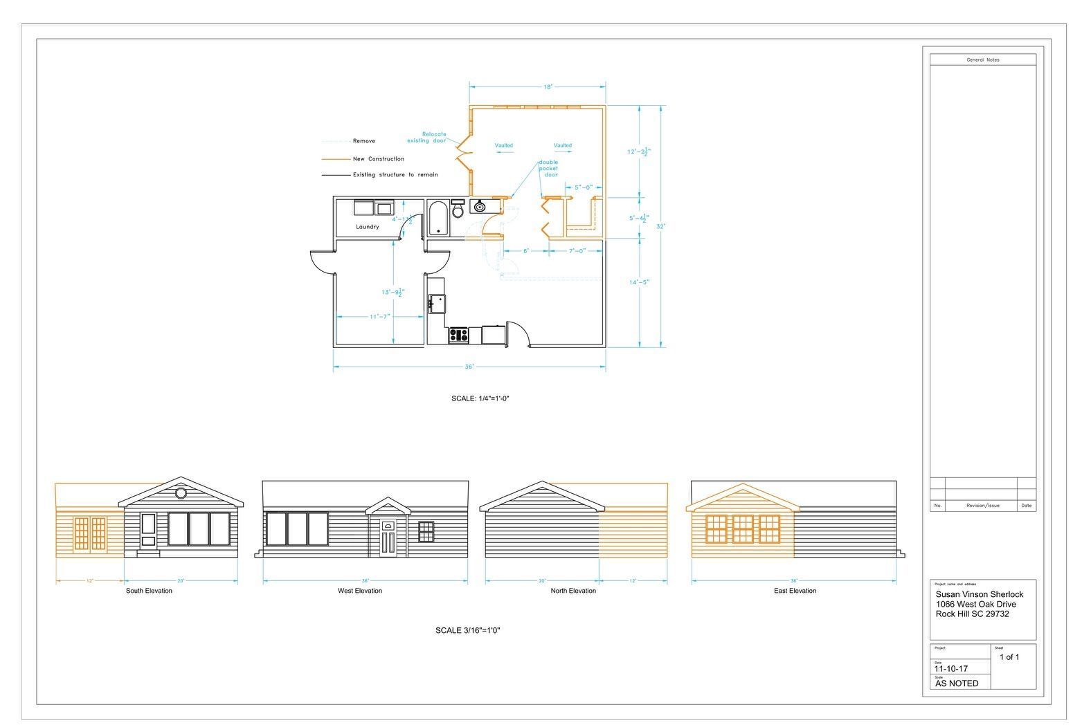 Architectural drawing: top-down floor plan with elevations of a small building. Dimensions noted.