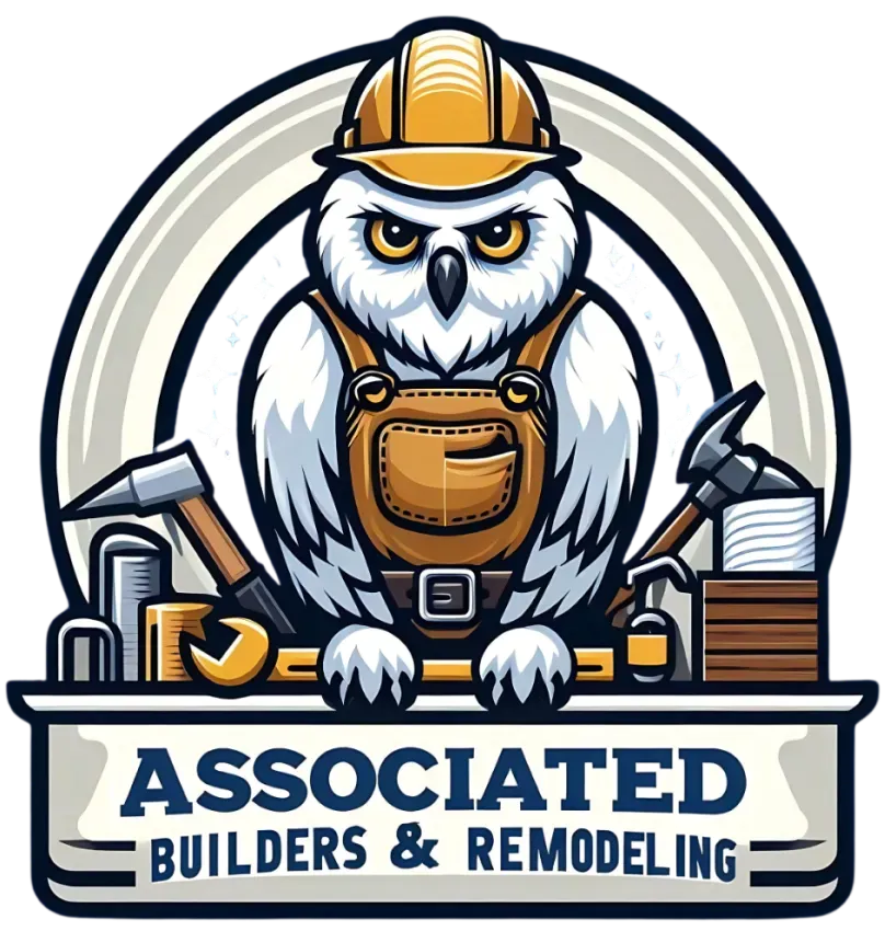 Owl in construction hat and overalls with tools; "Associated Builders & Remodeling" logo.