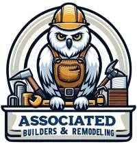 Owl in construction hat and overalls with tools; "Associated Builders & Remodeling" logo.