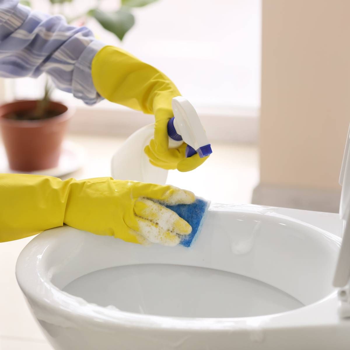 Person wearing yellow gloves sprays cleaner and scrubs a white toilet.