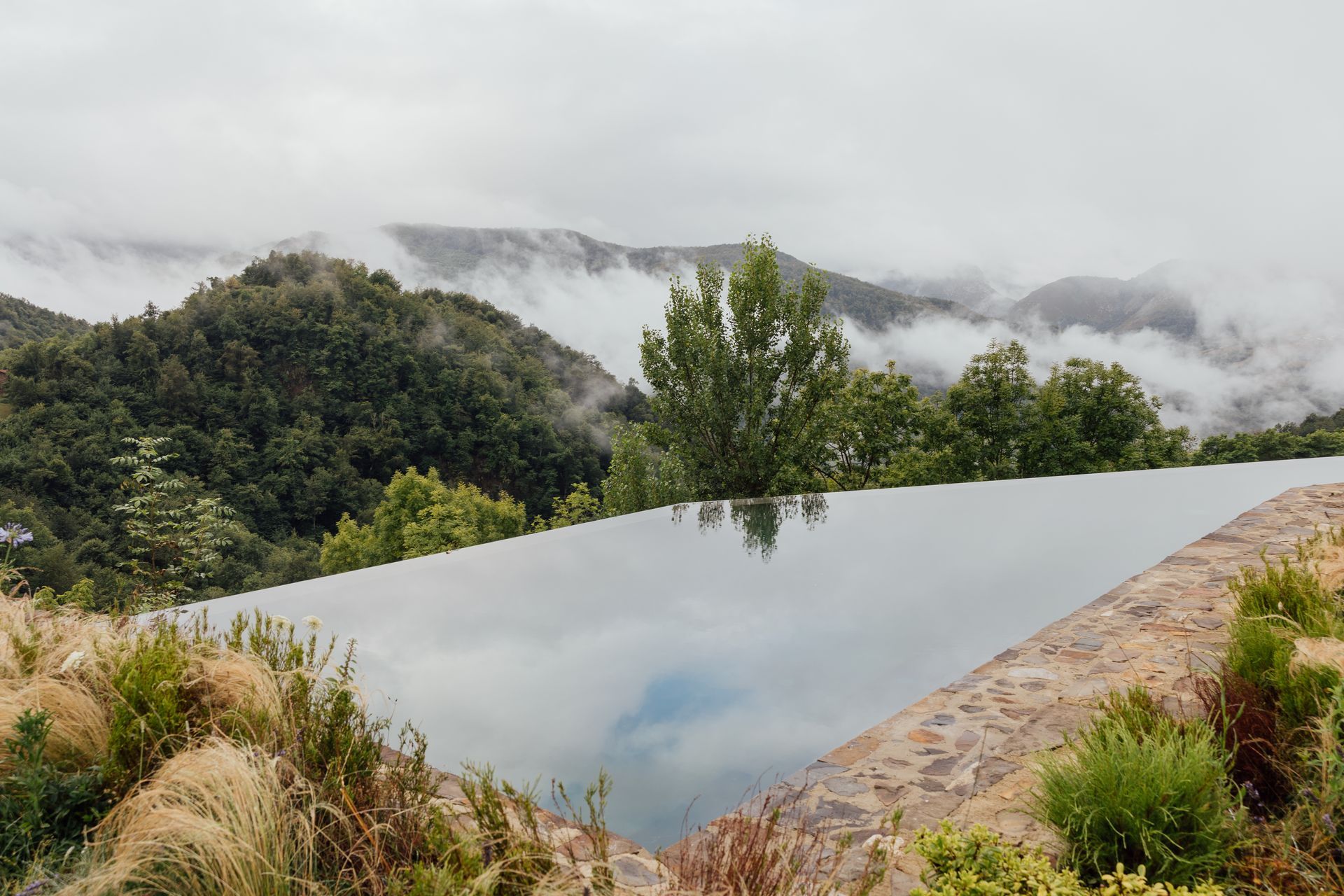 Vista diurna de un día con niebla, desde la piscina infinita. Vegetación frondosa.