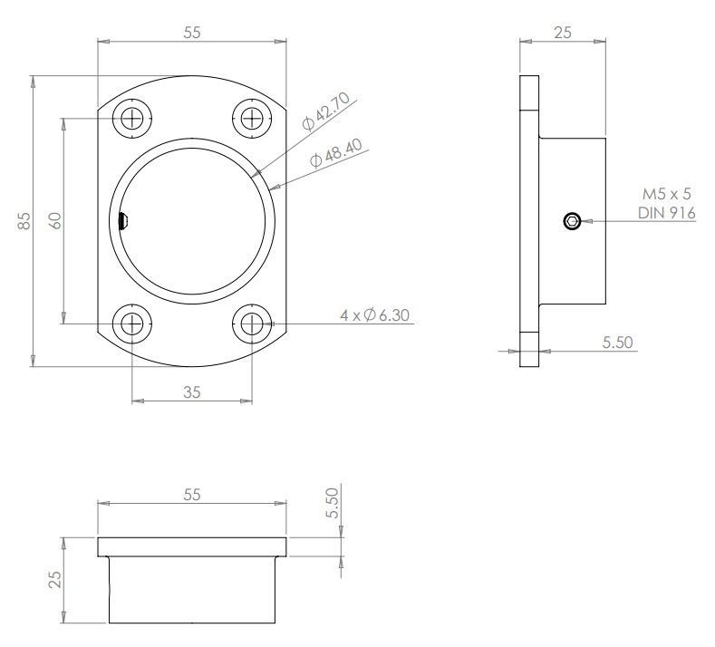 Wall Flange Square Edge External Fit For 42.4mm Tube 316