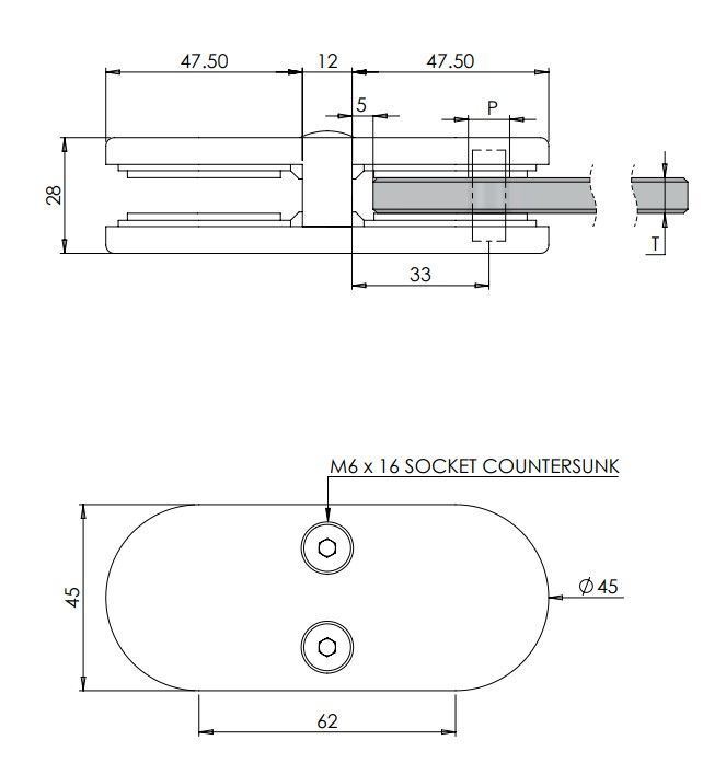 180 Degree Double Glass Clamp Black -10mm Glass