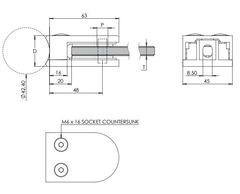 Round Glass Clamp - 10mm Glass For 42.4mm - Stainless 316 Satin Finish