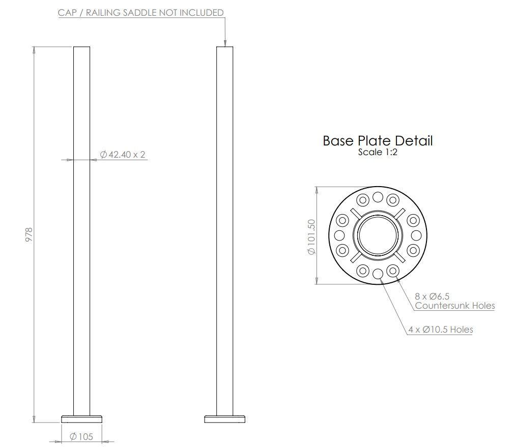 42.4mm Black Plain Base Plated Post - Black 978mm Long No Holes