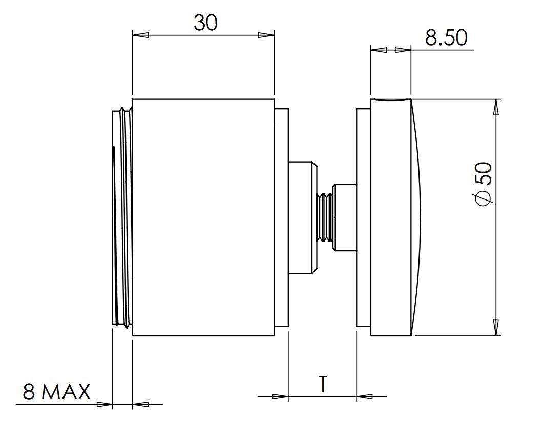 Black Adj.Stand Off Bracket - 50mm O/D x 30mm For Glass from 12.76 - 25.52mm 316 S/S