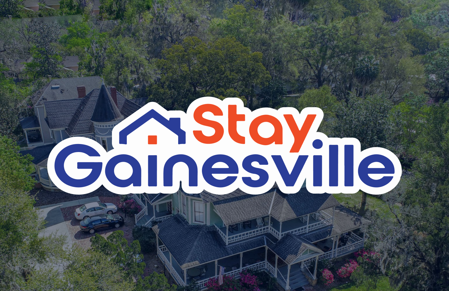StayGainesville Logo over a photo of The Camellia Rose Inn