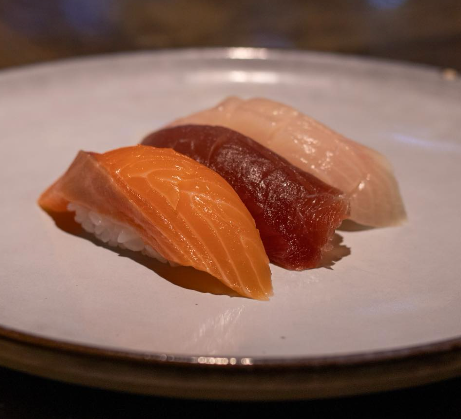 3 pieces of different types of sushi at Dragonfly Sushi.