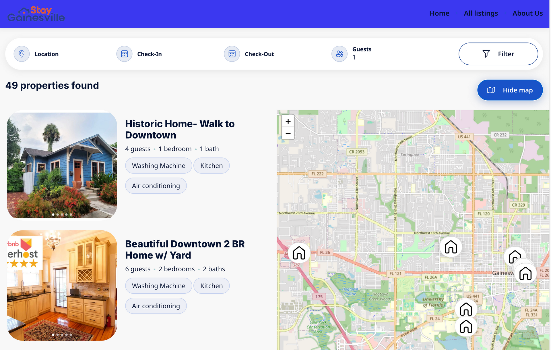 Gainesville map and 2 options for house rentals on StayGainesville