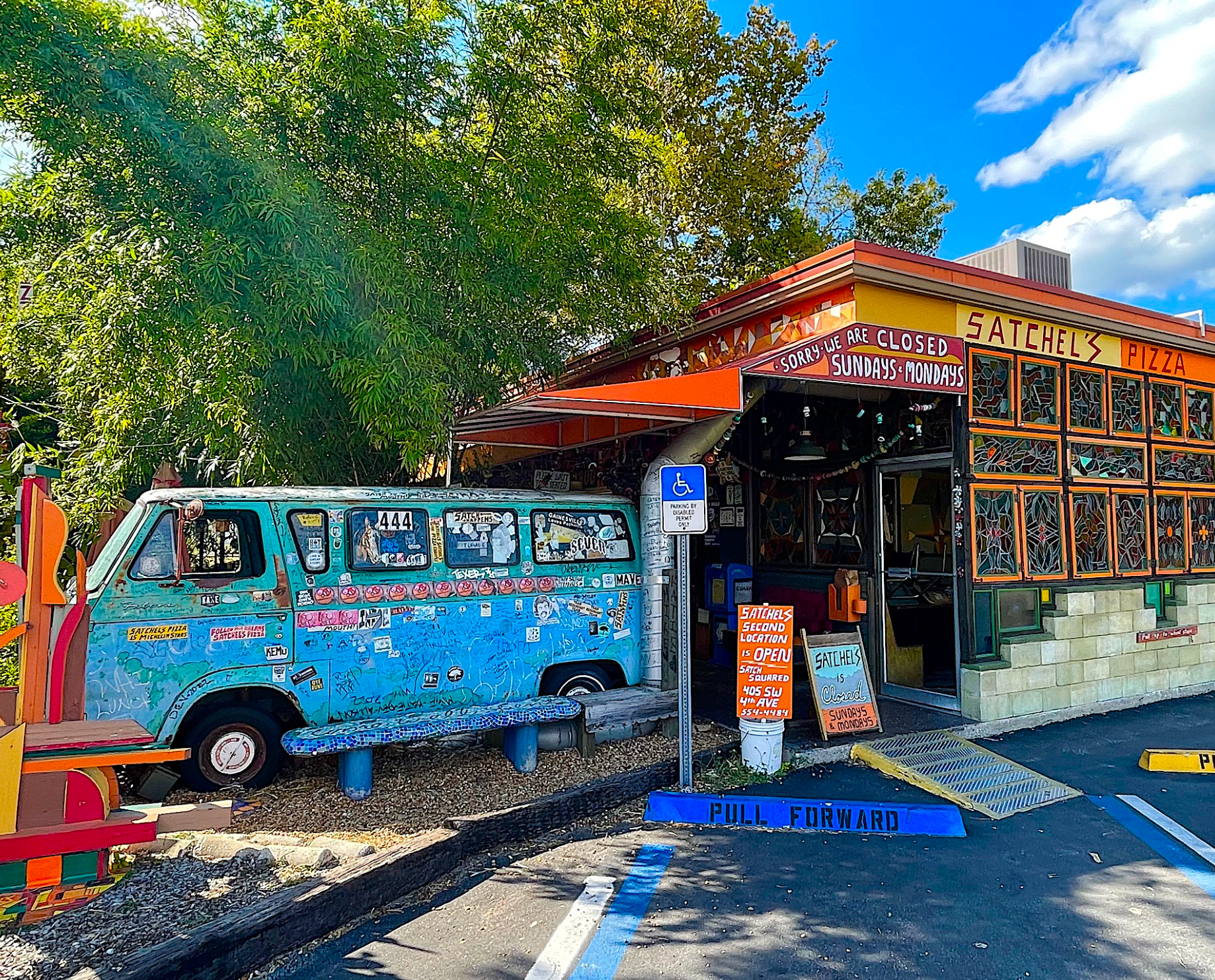 The colorful painted van at Satchel’s Pizza in Gainesville