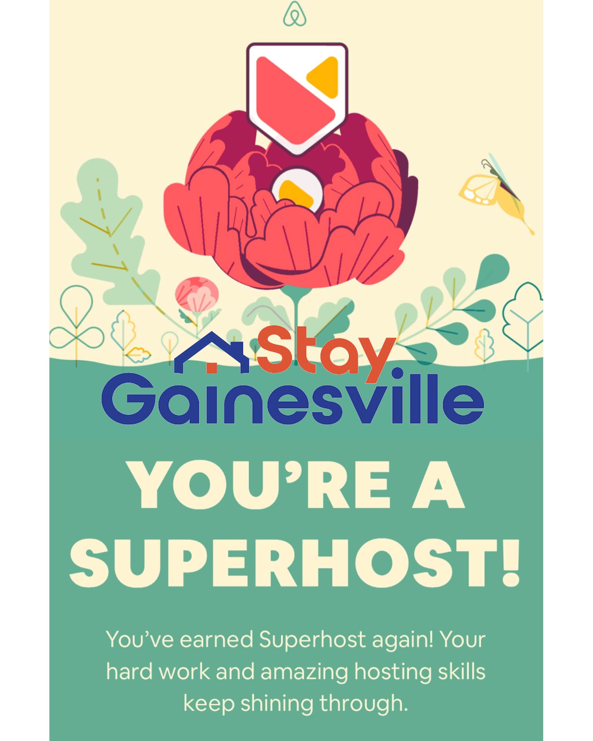 StayGainesville Superhost badge displayed on a property listing