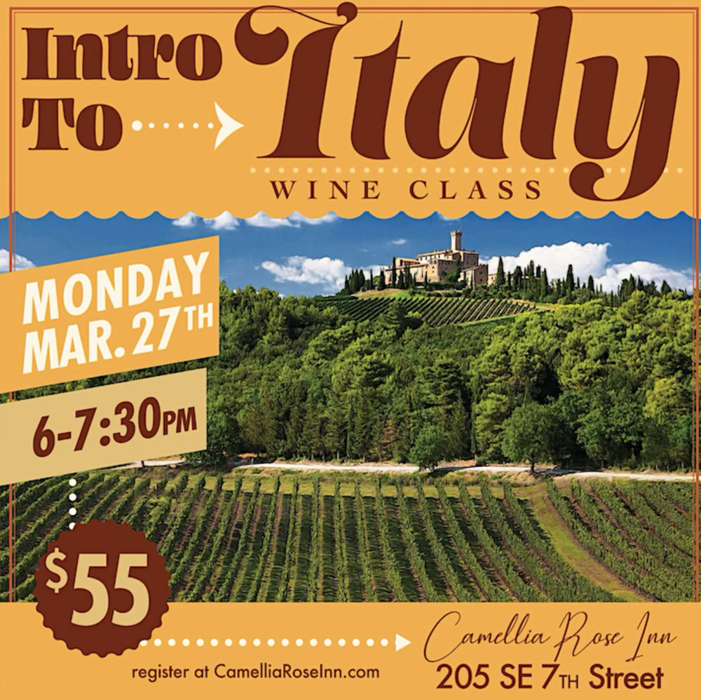 An invitation to a summer class at the Camellia Rose Inn about Italian wine.