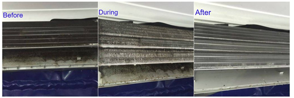 A before and after picture of a dirty air conditioner. A before and after picture of a dirty air conditioner.
