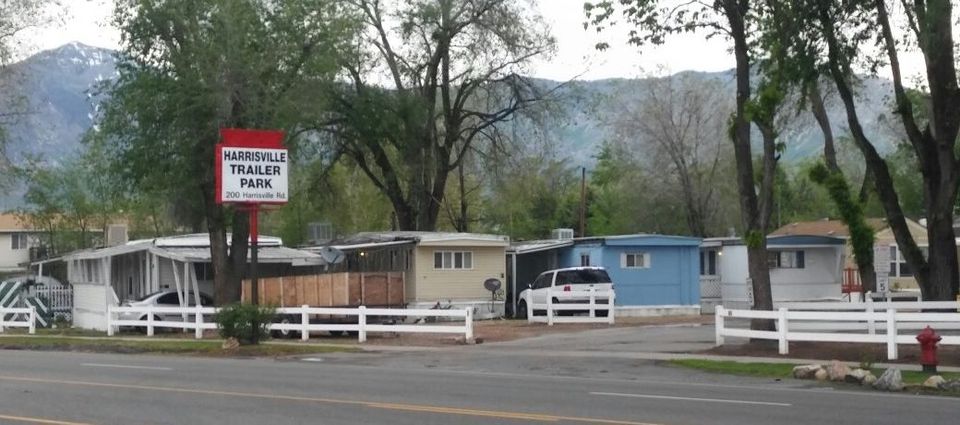 Harrisville Trailer Park sign in front of the main street in Utah