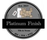 Logo for Platinum Finish Tile & Stone. Gray and black circle with tiles and phone number.