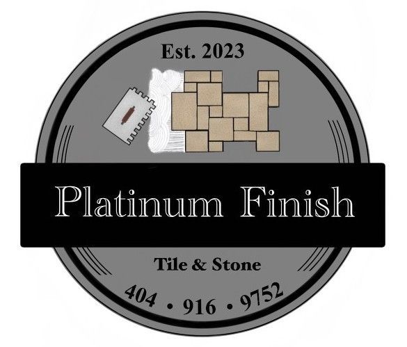 Logo for Platinum Finish Tile & Stone. Gray and black circle with tiles and phone number.