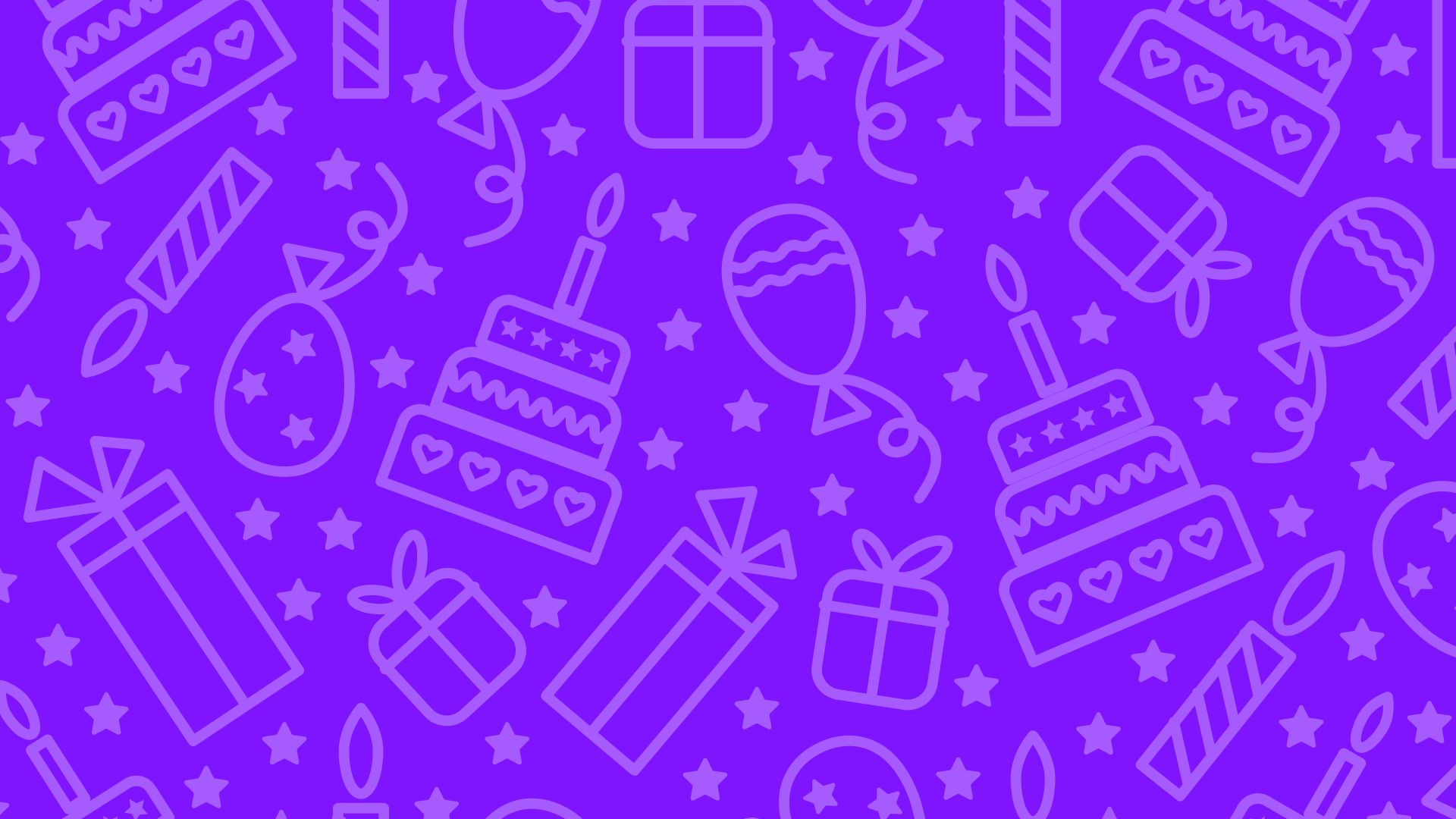 Purple birthday pattern with gifts, cake, balloons, and candles.