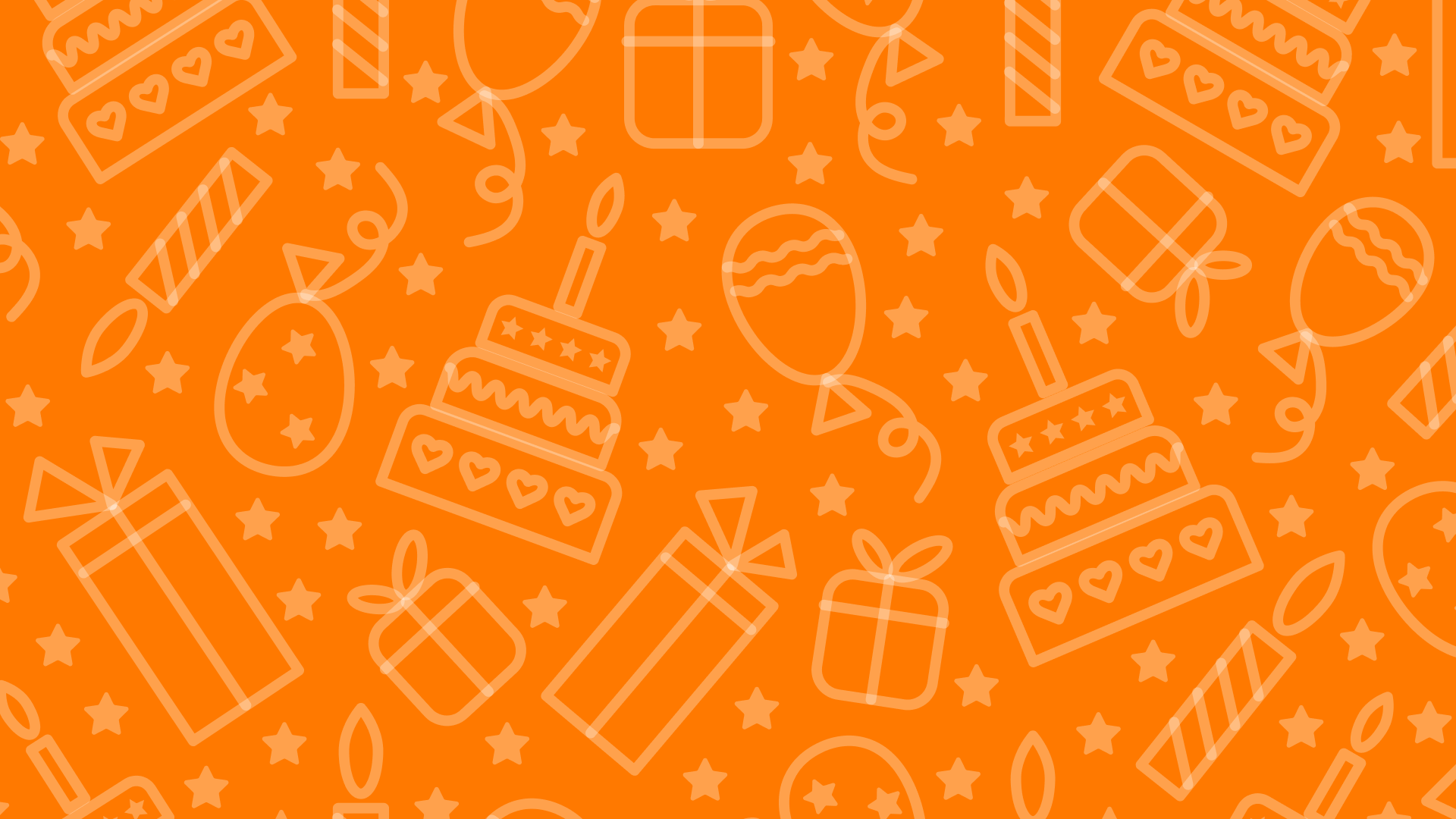 Orange background with white outlines of birthday cakes, gifts, balloons, stars, and candles.