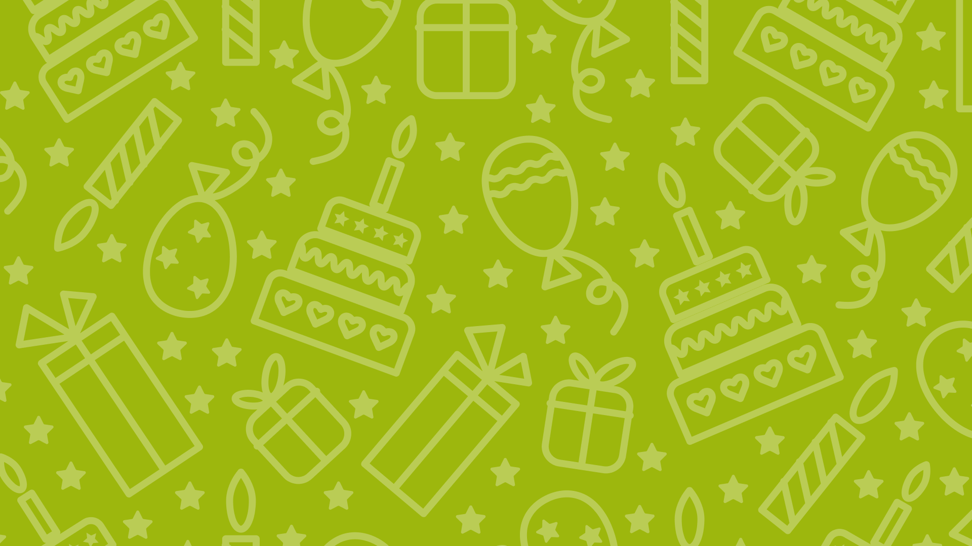 Green background with line art of birthday cakes, presents, balloons, candles, and stars.