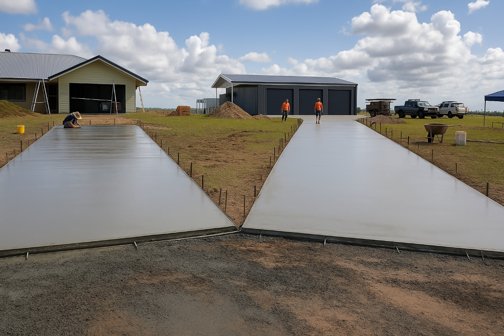 A Concrete Driveway is Being Built in Front of a House — TJ Concreting in Myocum, NSW