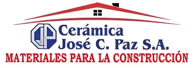 Logo de Cerámica José C. Paz S.A. con casa roja y texto “Materiales para la construcción”
