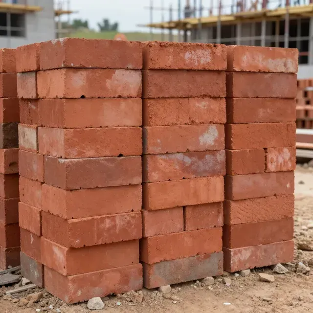 Pila de ladrillos de arcilla roja en una obra en construcción, con tierra y hormigón al fondo.