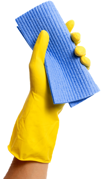 hand with yellow rubber glove holding cleaning supplies isolated
