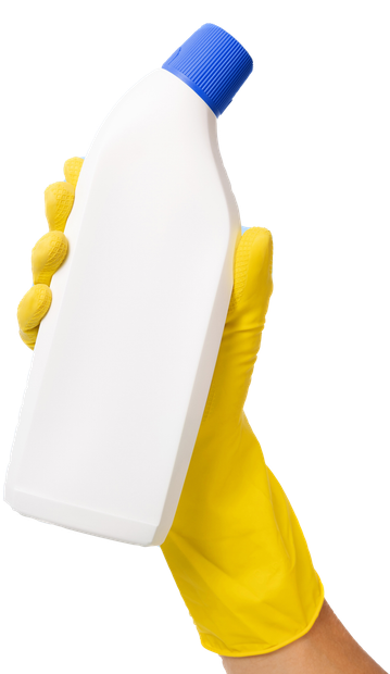 hand with yellow rubber glove holding cleaning supplies isolated