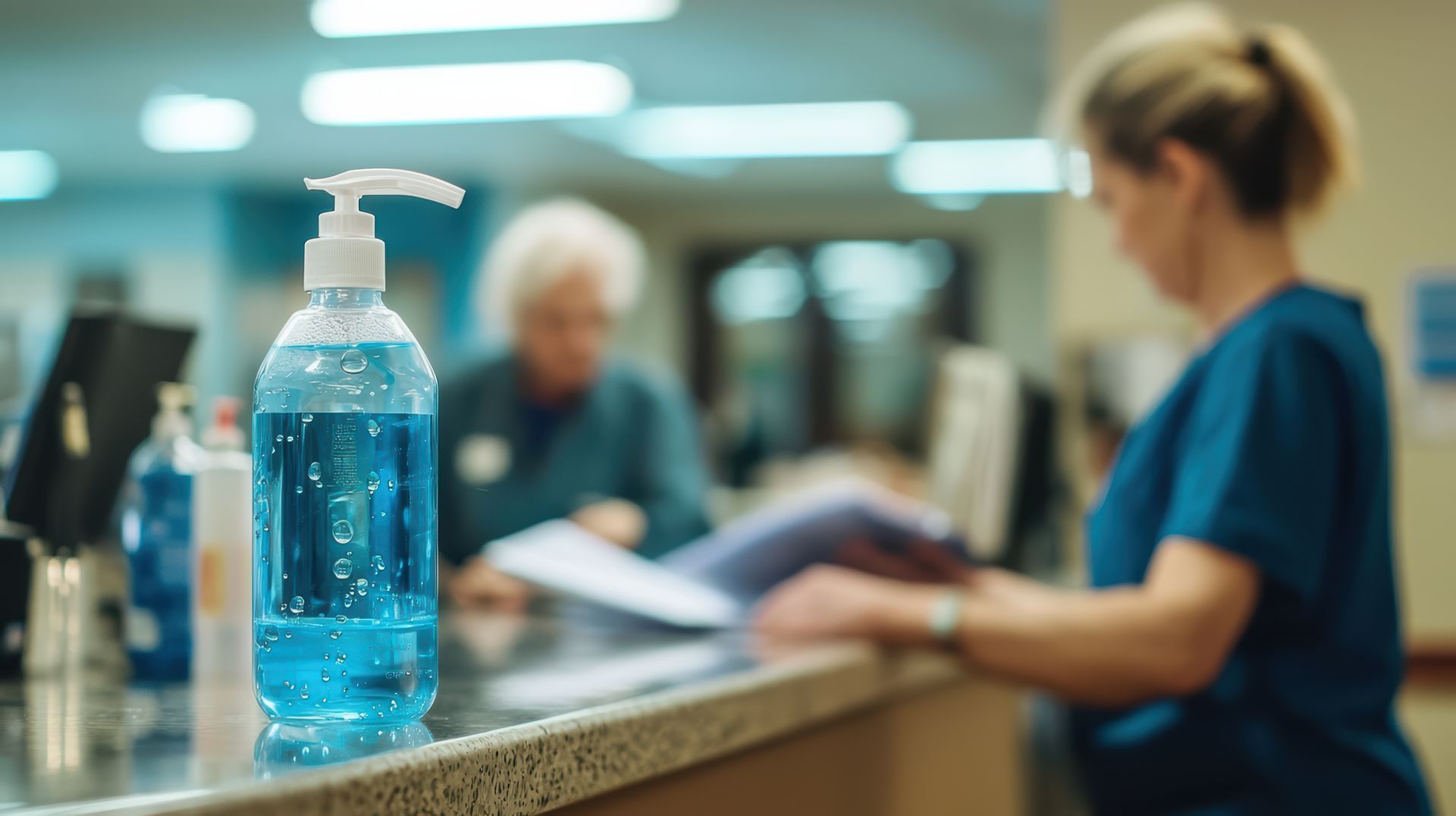 Hand sanitizer on counter in a hospital; a nurse and a patient are in the background.