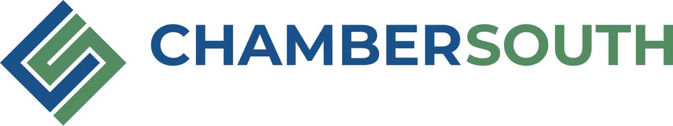 The logo for chambersouth is blue and green with a diamond in the middle.