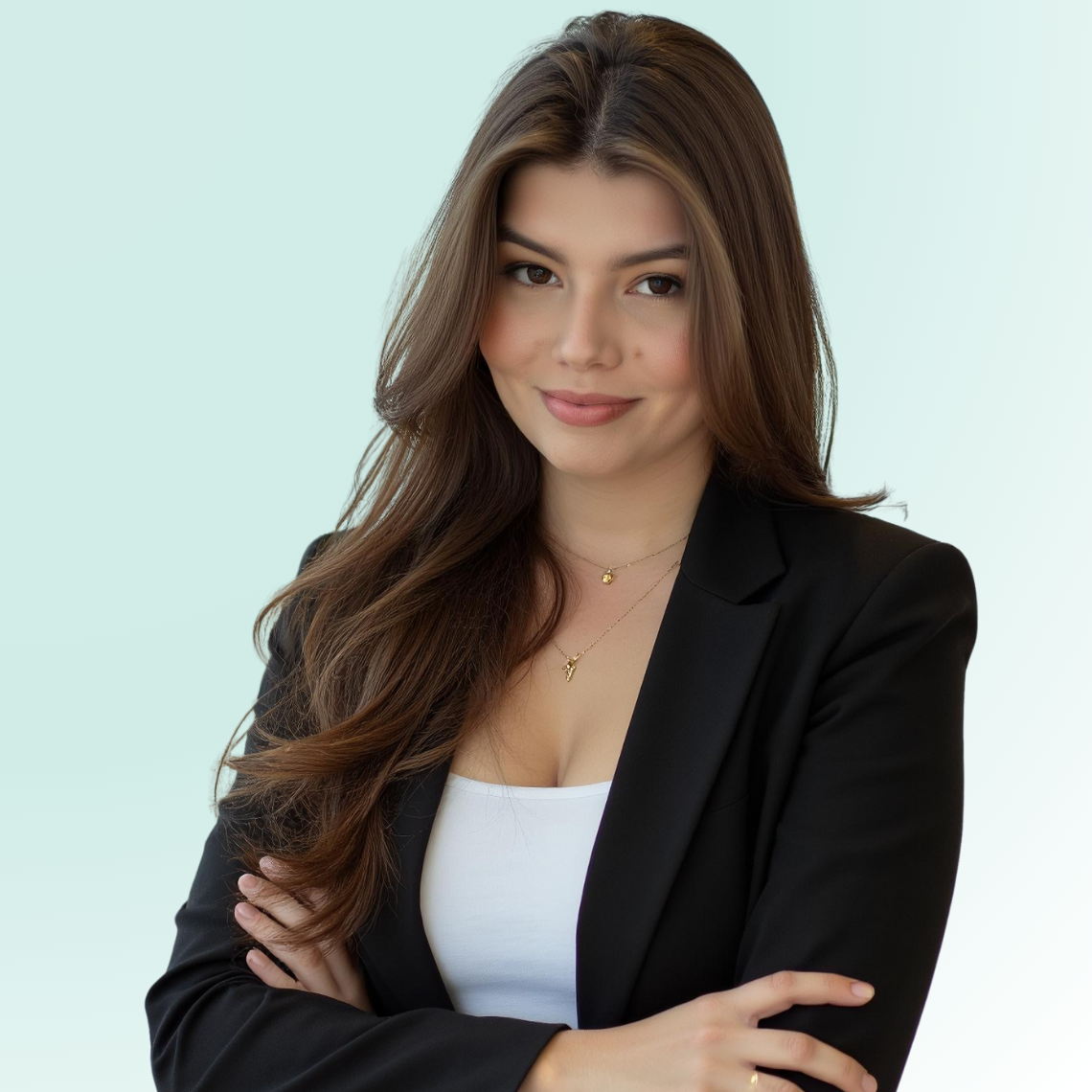 ChamberSouth The woman is wearing a black jacket and a white tank top