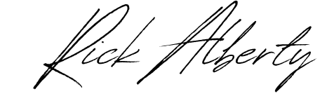 A black and white signature of rick alberty on a white background.