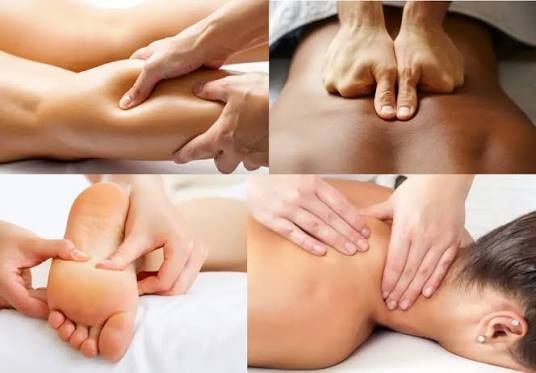 Un collage de cuatro fotografías que muestran diversas técnicas de masaje terapéutico en piernas, espalda, pies y cuello.