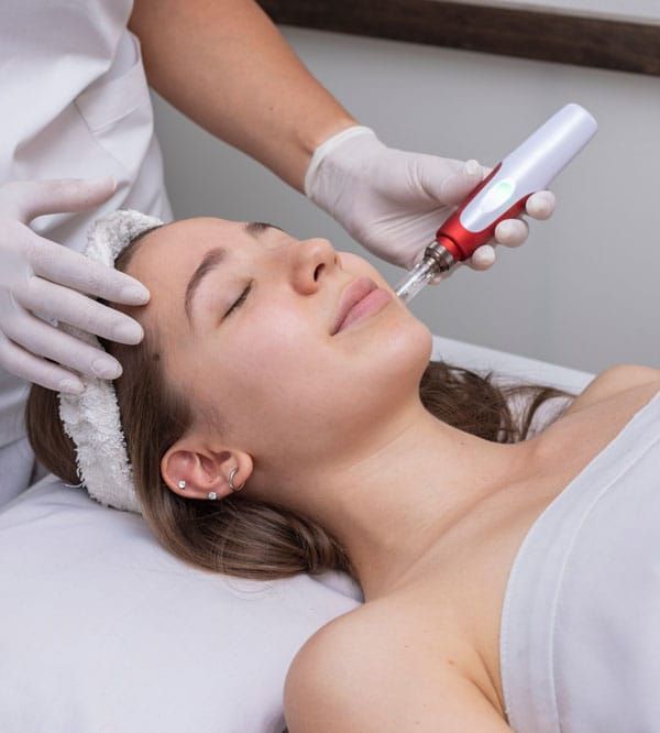 Durante un tratamiento facial en un spa, un profesional con guantes utiliza un dispositivo cosmético para tratar la piel