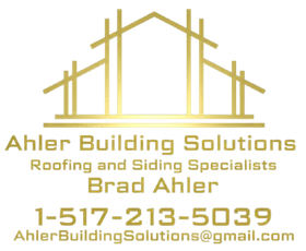 Gold logo for Ahler Building Solutions. Building outline over text with contact info.