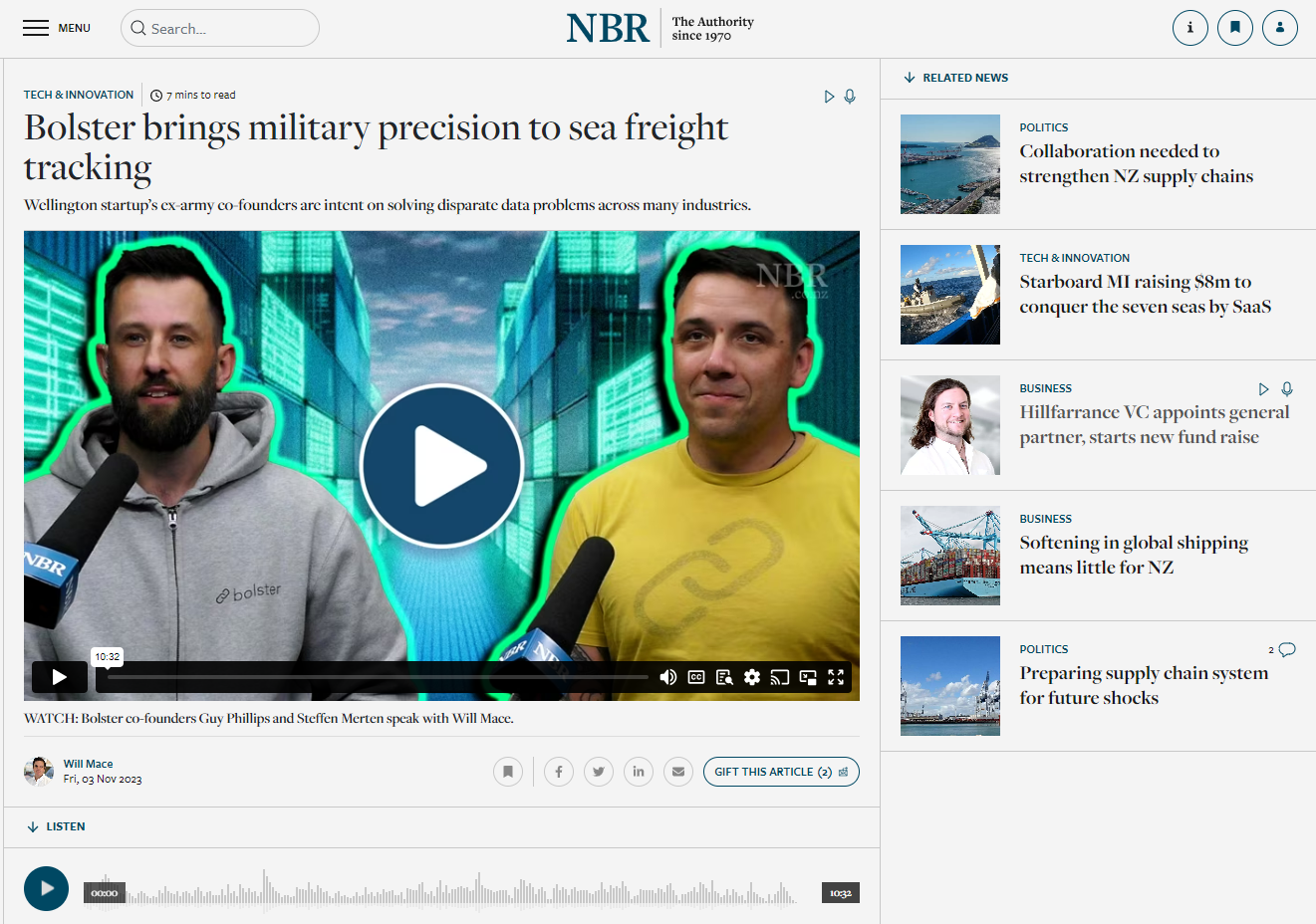 Bolster co-founders, Guy Phillips and Steffen Merten, being interviewed at NBR studios Wellington, NZ. 
