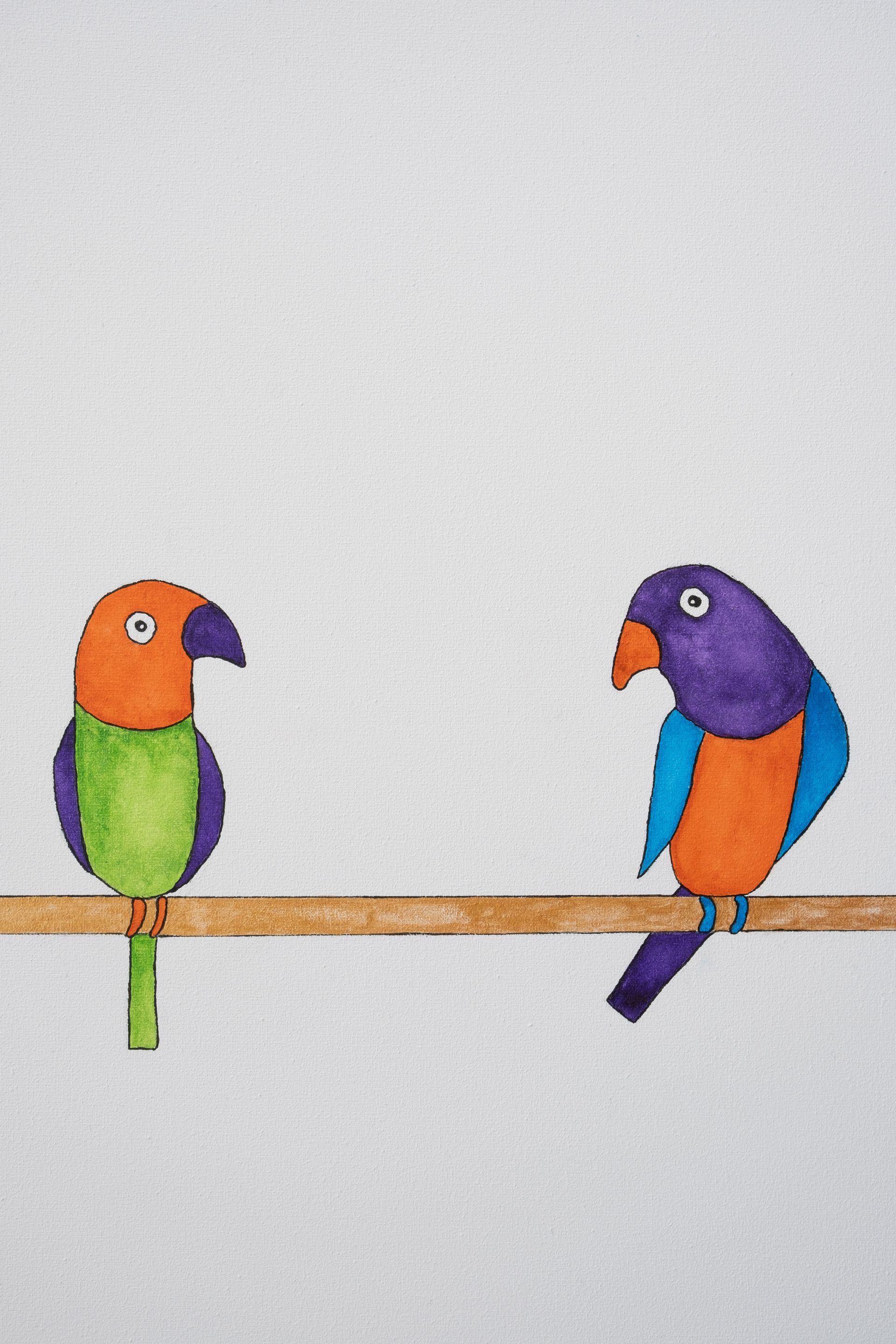 Onderdeel van het schilderij Agatha. Je ziet een parkiet die naar rechts kijkt en een parkiet die naar links kijkt.