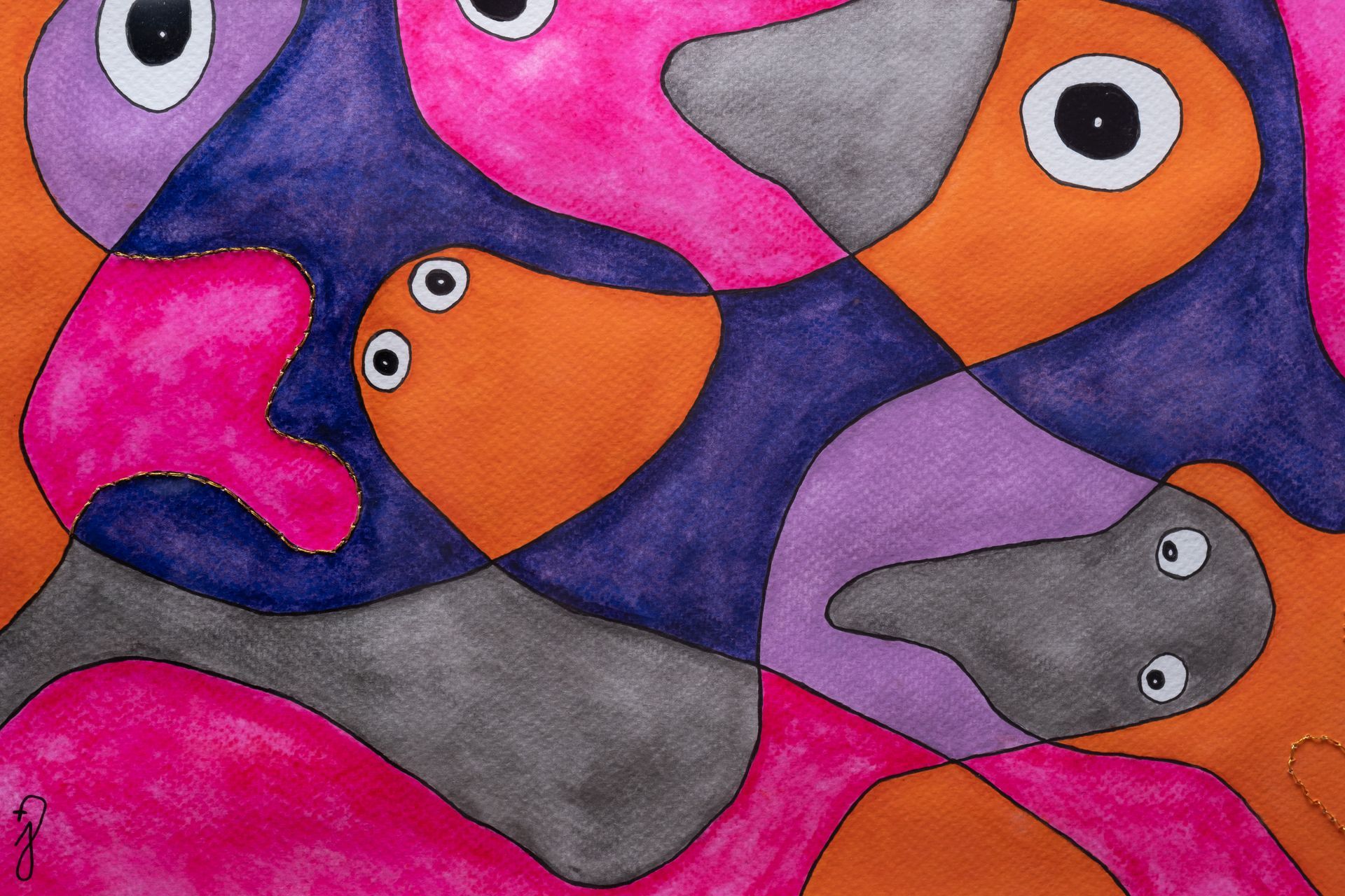 Onderdeel schilderij Look, je ziet gebogen zwarte lijnen, ogen en de kleuren roze, zilver, lila, paars en oranje.