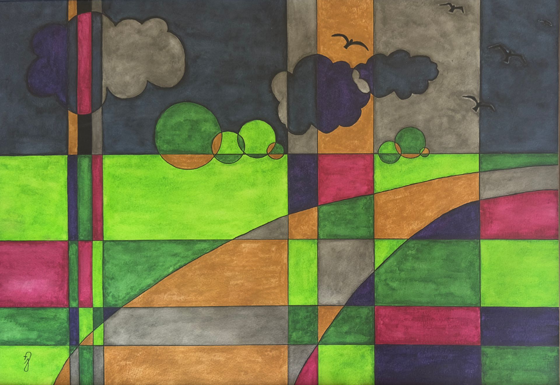 Op het schilderij staat een weg, bomen, wolken en vogels die weg vliegen.