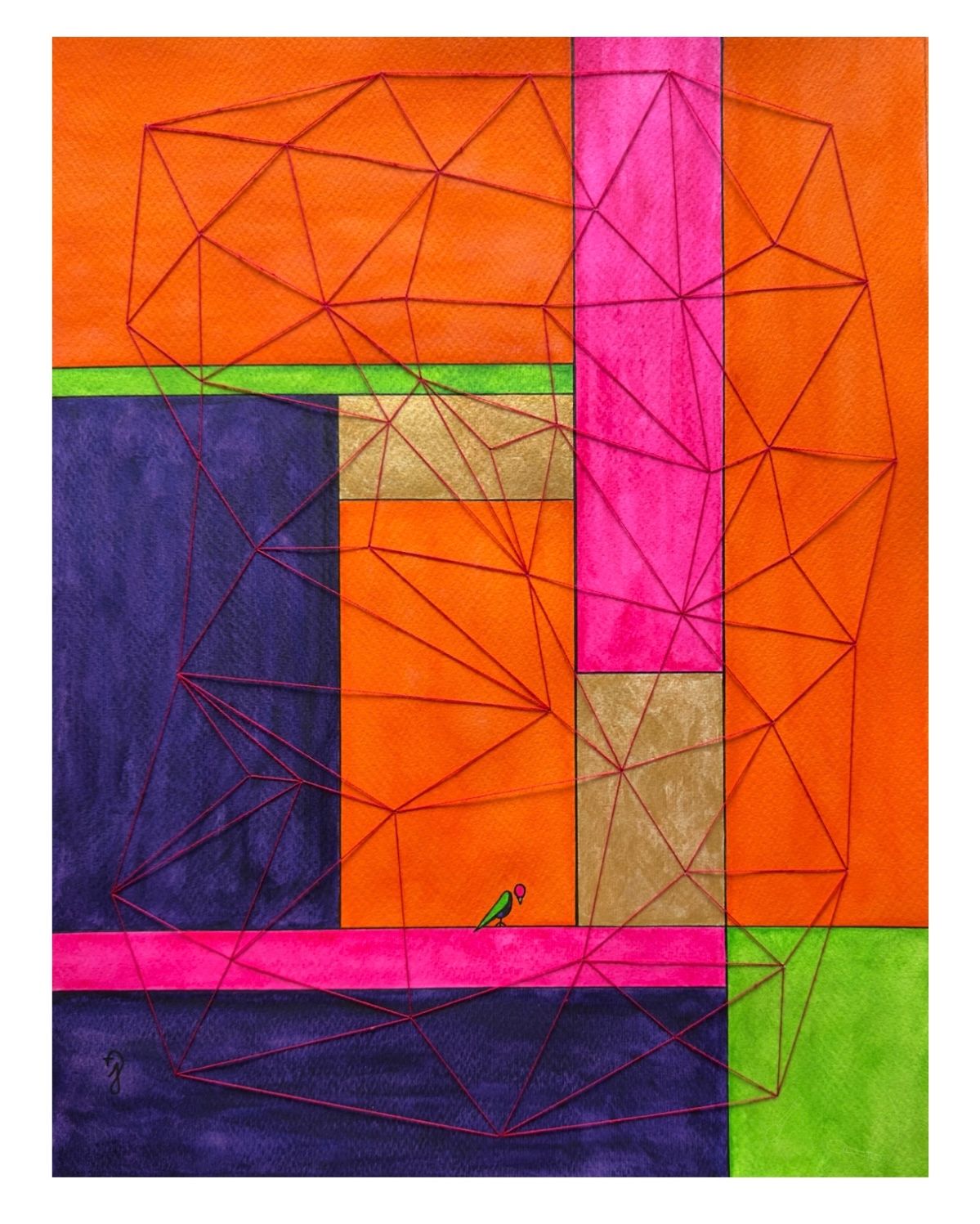 
Vlakken in verschillende kleuren, vogel op de lijn met kop naar beneden. Borduurdraad patroon, lijkt een net  om de vogel
