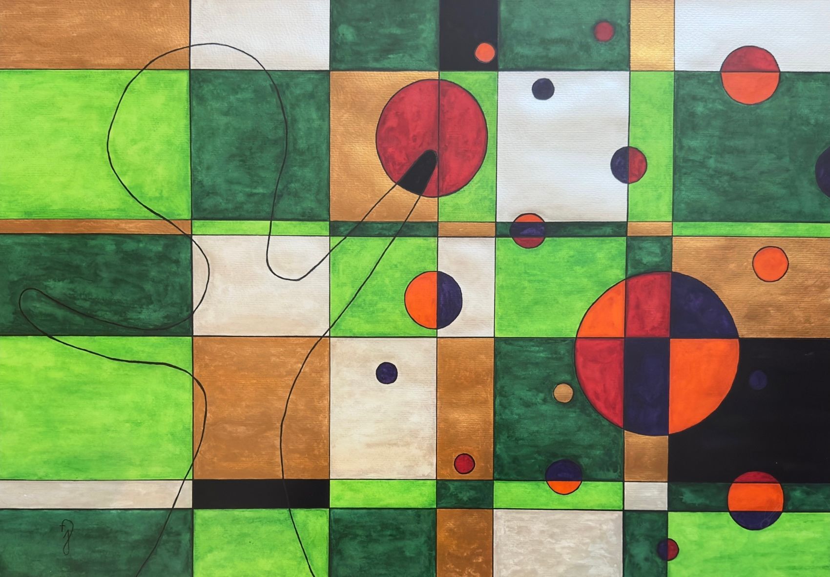 Je ziet groene vlakken moet goud en zilver, een blij poppetje die met zijn hand een rode cirkel aanraakt. er zijn nog meer cirkels