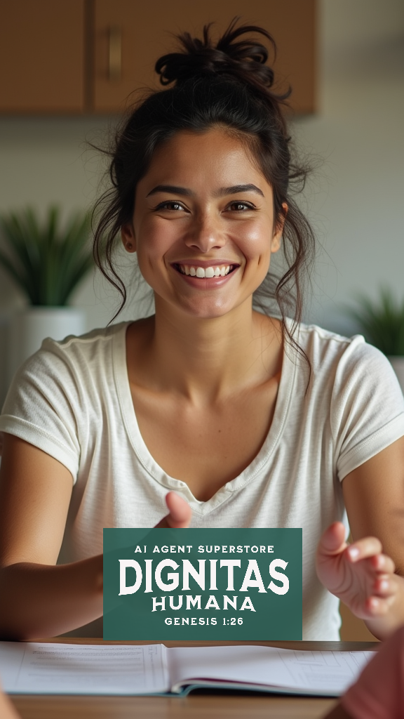 A woman is smiling while sitting at a table with a book.